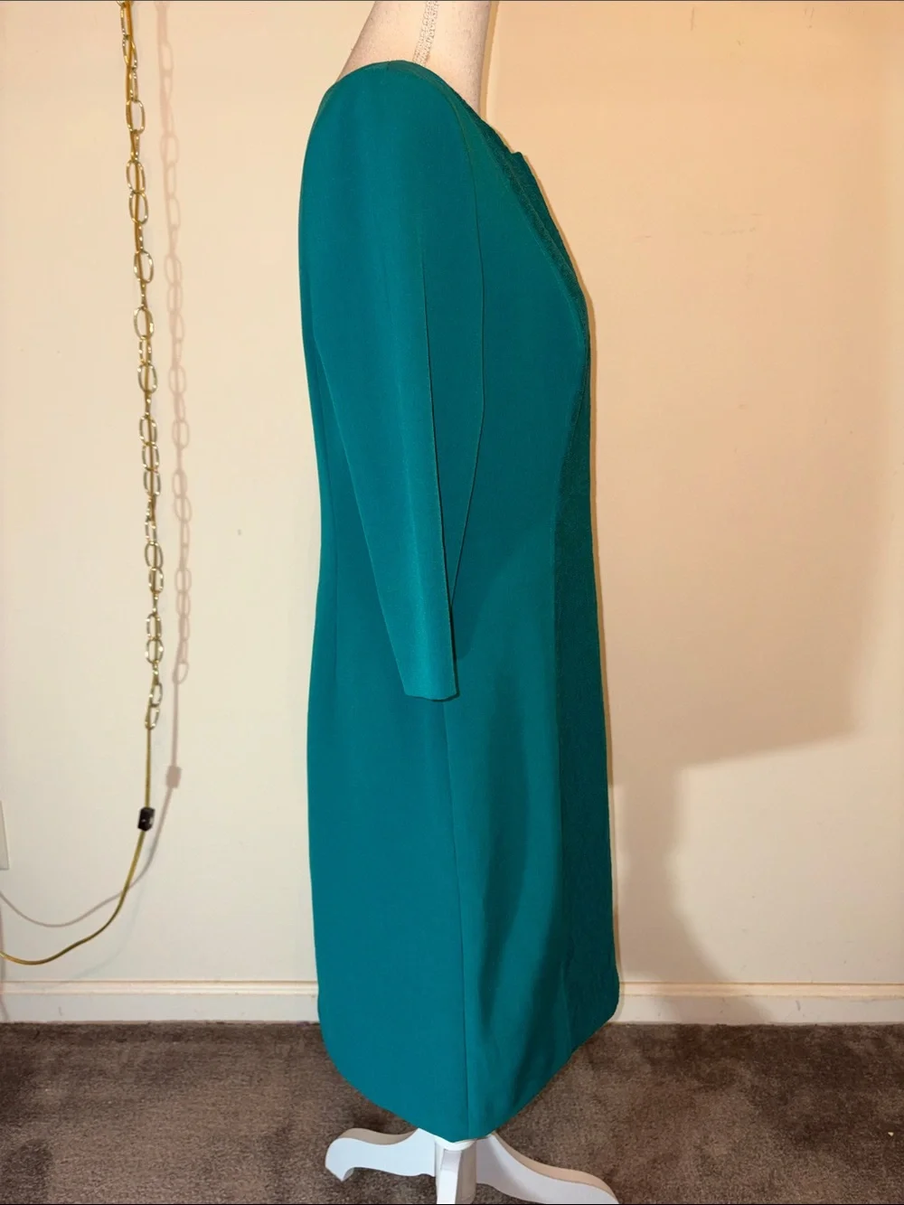 Adrianna Papell teal v neck lace floral 3/4 length sleeve sheath midi dress
